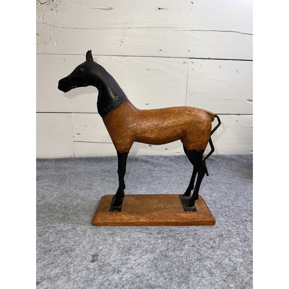 Vintage Hand Carved Wooden Horse Sculpture Two Tone Equine Figurine on Base